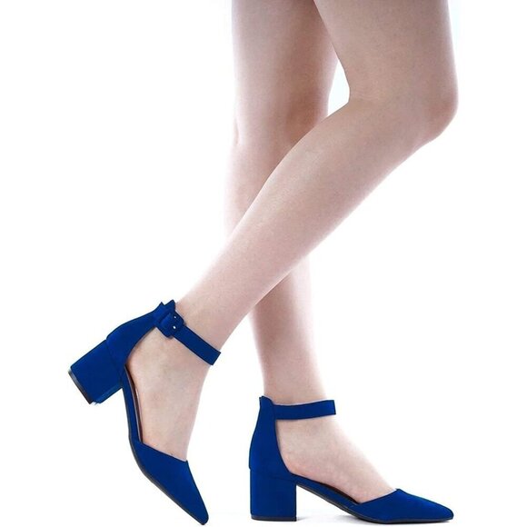 Women's Chunky Closed Toe Low Block Heels Dress Pointed Toe Ankle  Strap - Picture 7 of 9
